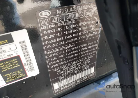 2015 Land Rover Range Rover 5.0L V8 Supercharged z USA, uszkodzony, nr VIN SALGS2TF4FA217406